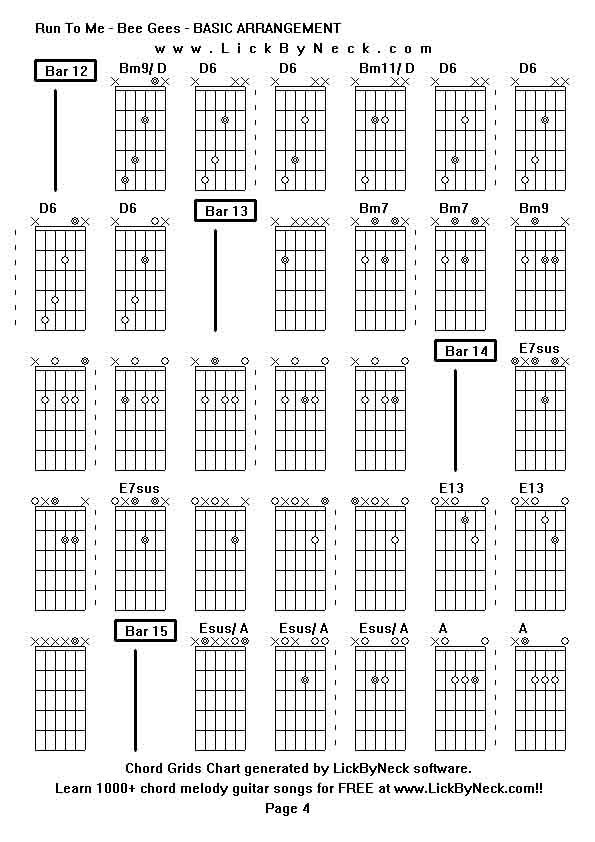 Chord Grids Chart of chord melody fingerstyle guitar song-Run To Me - Bee Gees - BASIC ARRANGEMENT,generated by LickByNeck software.